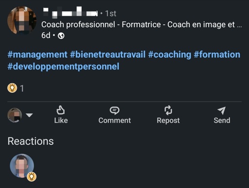 A linkedin post with just a few hashtags in it. It got a single "instructive" reaction