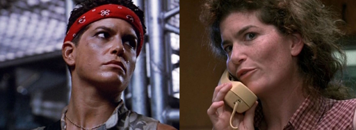 Side-by-side images of Jenette Goldstein's strikingly-different appearances in Aliens and Terminator 2, in the former looking quite dark-skinned and in the latter looking like an Irish geography teacher.
