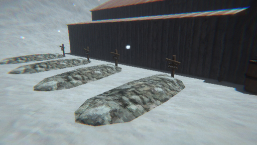 A low-resolution, snowy scene from a video game showing four freshly covered graves with wooden crosses as markers. The graves are lined up outside a dark wooden building with a sloped roof. Each cross has a small sign attached, and one is faintly readable with the word "CANAL" or "CANALI". Snow covers the ground, and the environment has a pixelated, retro 3D aesthetic.