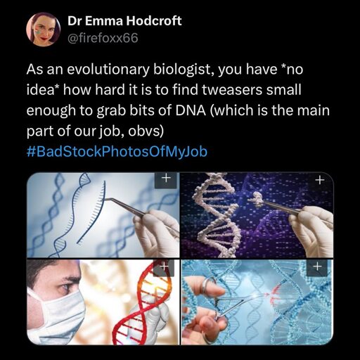 It's pictures of scientists grabbing DNA strands with tweezers and says "you've no idea how hard it is to find tweezers small enough to grab bits of DBA"