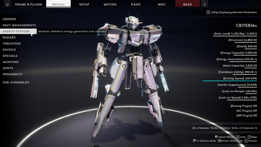 A mech customization screen from a video game. The central figure is a sleek, humanoid mech painted in reflective white and metallic tones, standing in a neutral pose with energy weapons in both hands. On the left, a vertical menu lists categories such as Armors, Heat Managements, Energy Systems (highlighted), Radars, Thrusters, Physics, Specials, Weapons, Joints, Ornaments, and Sub-assemblies. At the top, navigation tabs read Frame & Plugin, Install, Setup, Motion, Paint, and Misc. On the right, detailed stats for the mech named “CRITERIAn” are shown, including data load (3,182.9kg/3,300.0), structure (14,800.00), shield (900.00), energy capacity (3,900.00), energy generation (525.00/s), heat capacity (3,825.00), cooldown ability (399.00/s), driving speed (100%), inertia suppression (35%), lock-on range (146.00m), and lock-on speed (0.96s). The bottom displays module counts and control prompts for selection, detaching modules, undo/redo, and playtest.