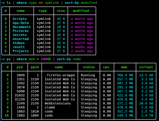 nushell giving nice table outputs to `ls | where type == symlink | sort-by modified` and `ps | where mem > 200MB | sort-by name`