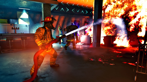 Firefighters in full protective gear battle a raging indoor blaze. One firefighter aims a high-pressure hose at the towering flames while another carries a rescued civilian toward safety. The scene takes place in what looks like a bar or lounge, with overturned furniture, neon lights still glowing, and thick smoke and fire consuming the room.