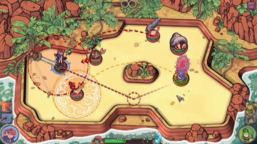 A colorful, cartoonish strategy game screenshot set on a tropical island battlefield. The arena is surrounded by red cliffs, palm trees, and water on the lower left and right edges. In the center, circular icons mark character positions and attack ranges. On the left, a character with a buzzsaw and book stands on a platform, outlined by red targeting arcs. Across the sandy field are crab-like enemies, one wielding a cannon, another hiding in a shell. On the right, a purple, misty figure glows with swirling energy. Dashed lines and circular indicators show planned attack and movement paths. The user interface displays health bars, ability icons, timers, and character portraits at the corners.