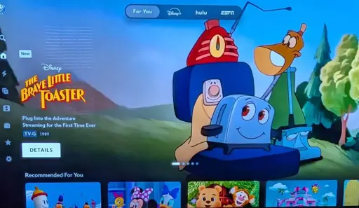 Disney Plus app on a TV with the top carousel advertising The Brave Little Toaster