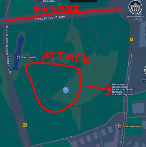 Map of the terror attack on the CSD Berlin pride parade 2026. Illustrates the proximity of the main parade and the area where the attack happened. An arrow points to the "Monument to Homosexuals Persectured Under National Socialist Regime" next to the attack area.